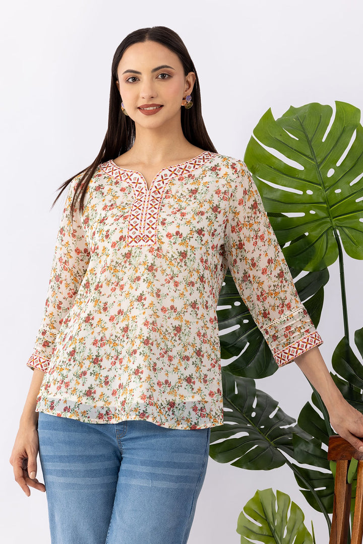 Cream Printed Chiffon Top with Round Neck &amp; 3/4 Sleeves