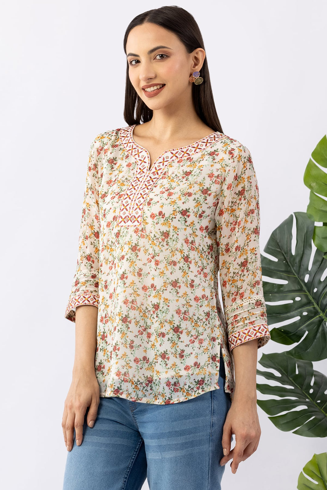 Cream Printed Chiffon Top with Round Neck &amp; 3/4 Sleeves