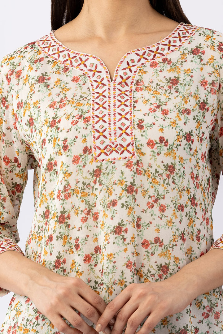 Cream Printed Chiffon Top with Round Neck &amp; 3/4 Sleeves