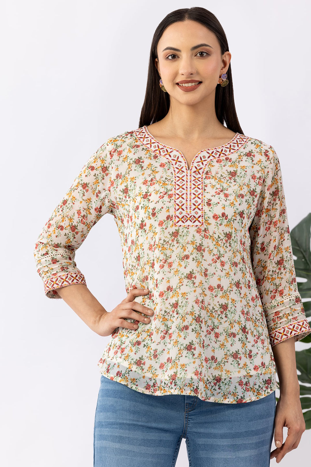 Cream Printed Chiffon Top with Round Neck &amp; 3/4 Sleeves