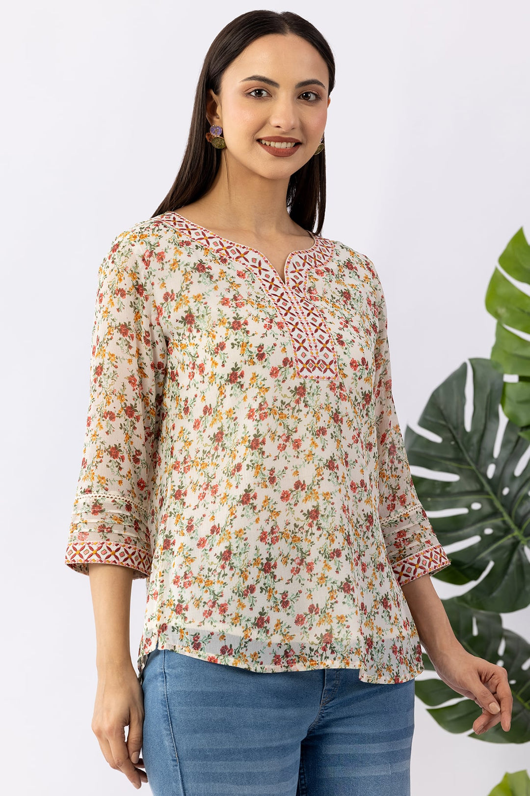 Cream Printed Chiffon Top with Round Neck &amp; 3/4 Sleeves