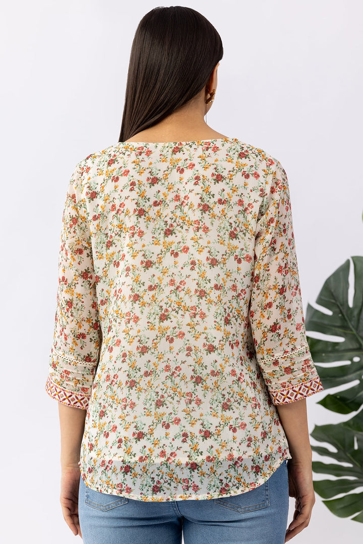 Cream Printed Chiffon Top with Round Neck &amp; 3/4 Sleeves