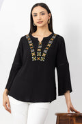 Black Embroidered Viscose Crepe Top with Round Neck & 3/4 Sleeves