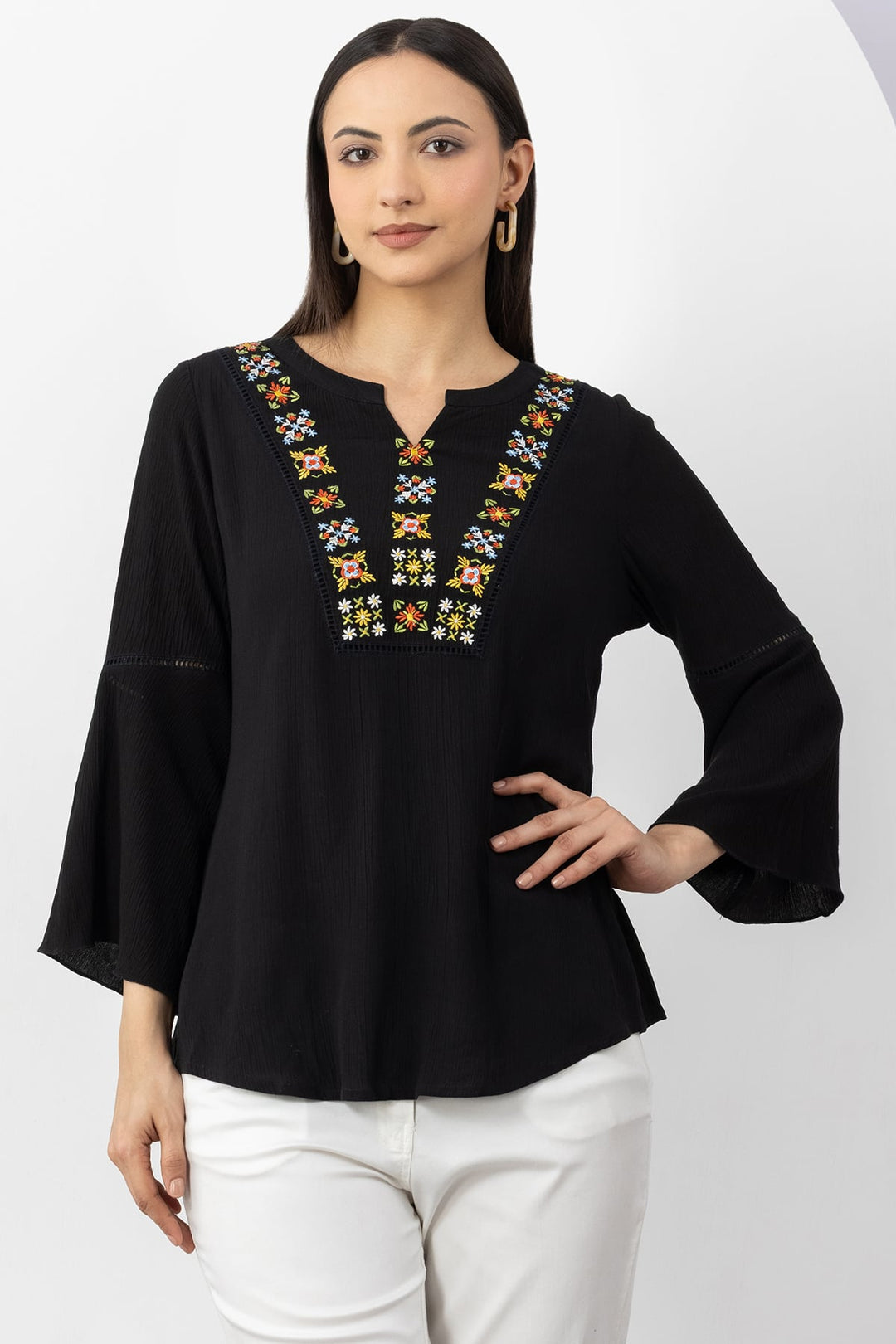 Black Embroidered Viscose Crepe Top with Round Neck &amp; 3/4 Sleeves