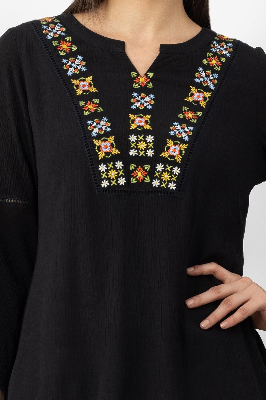 Black Embroidered Viscose Crepe Top with Round Neck &amp; 3/4 Sleeves