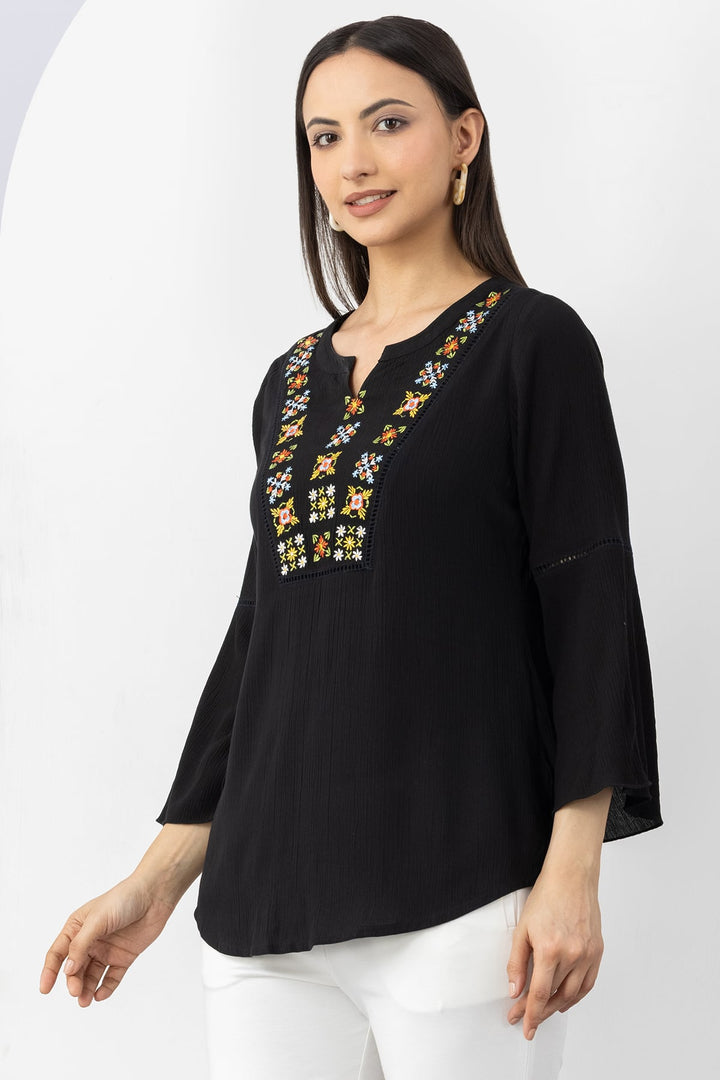 Black Embroidered Viscose Crepe Top with Round Neck &amp; 3/4 Sleeves