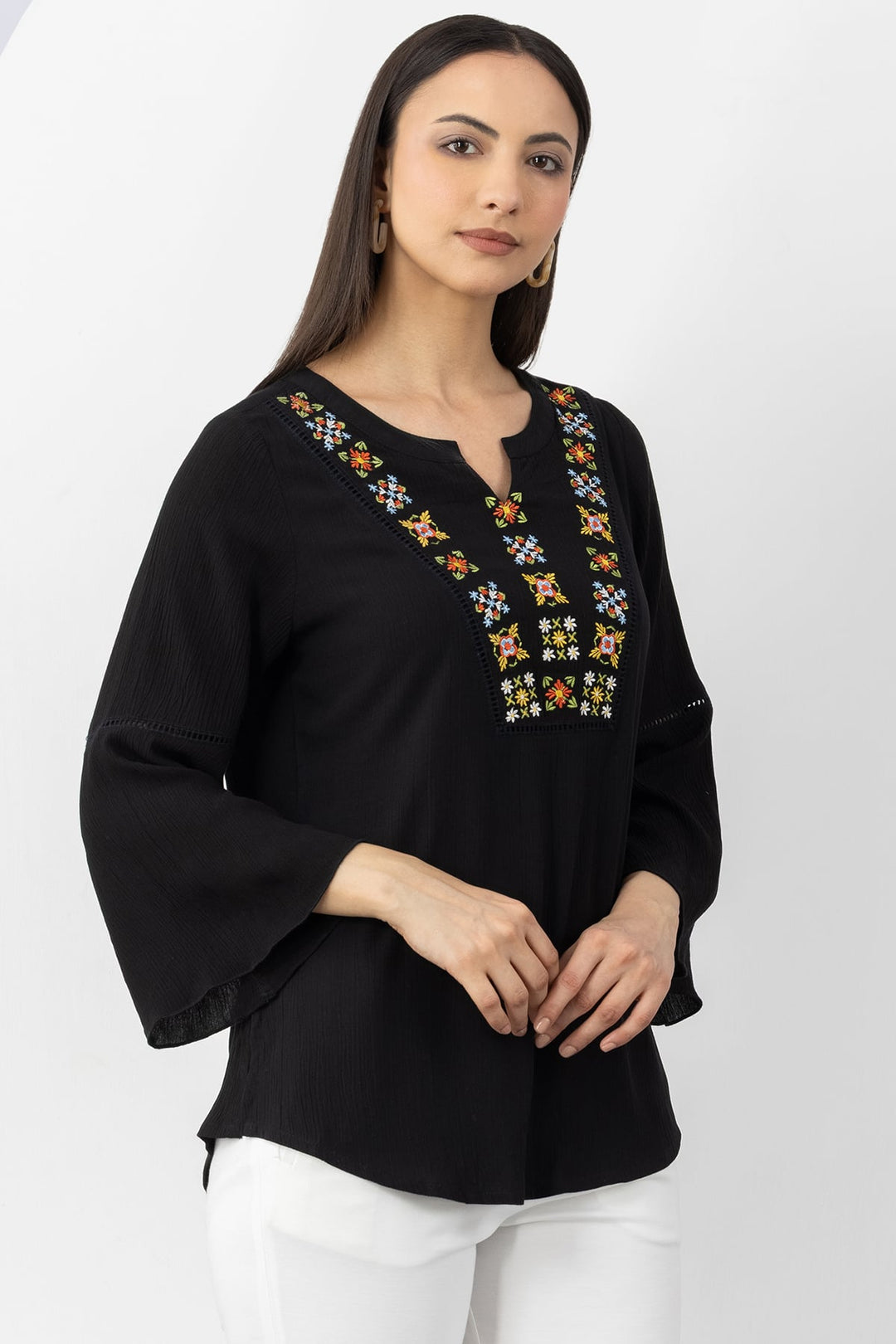 Black Embroidered Viscose Crepe Top with Round Neck &amp; 3/4 Sleeves