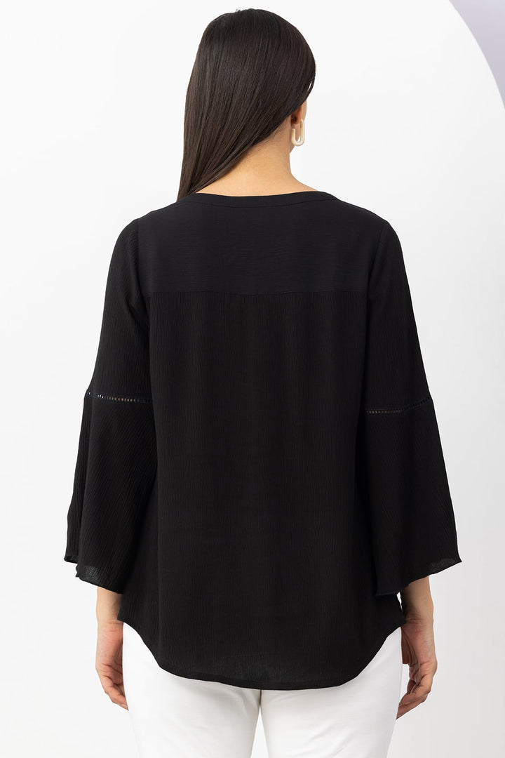 Black Embroidered Viscose Crepe Top with Round Neck &amp; 3/4 Sleeves