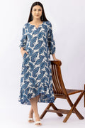 Printed Blue Georgette Dress with Round Neck & 3/4 Sleeves