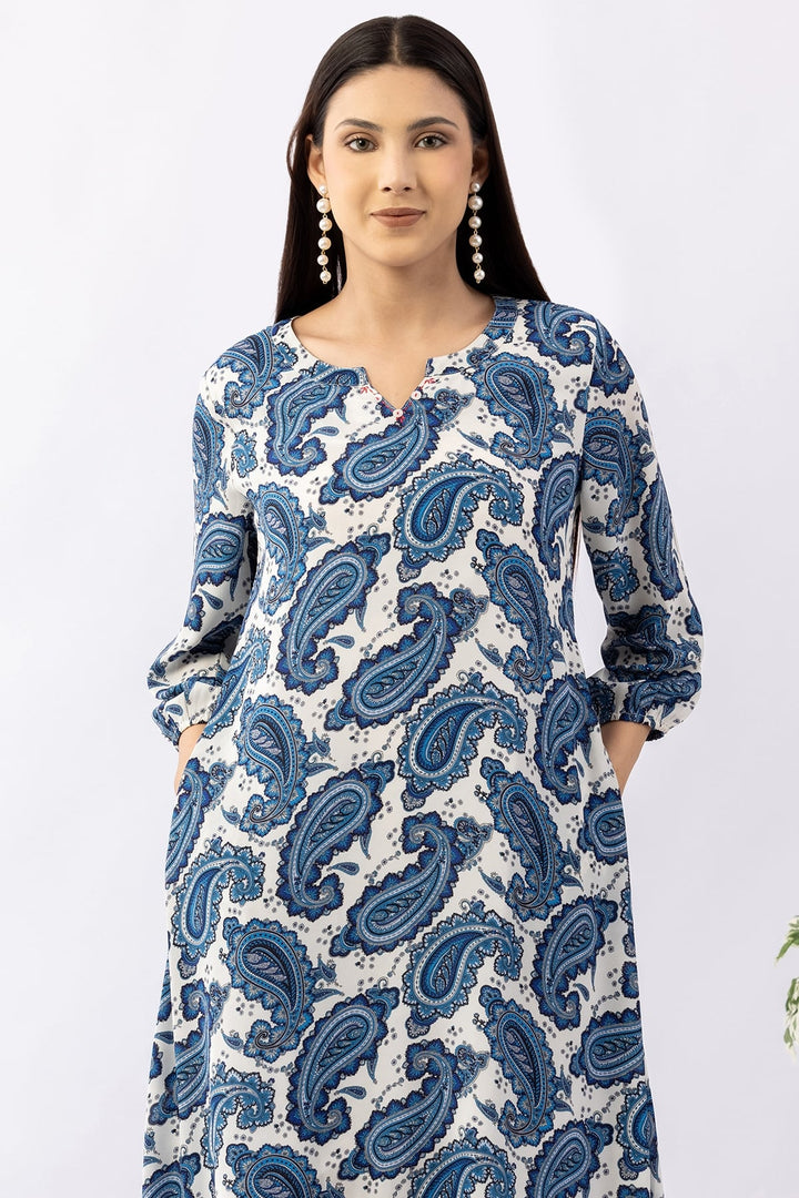 Printed Blue Georgette Dress with Round Neck &amp; 3/4 Sleeves
