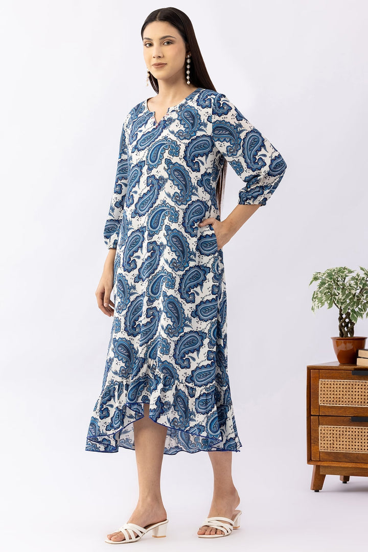 Printed Blue Georgette Dress with Round Neck &amp; 3/4 Sleeves