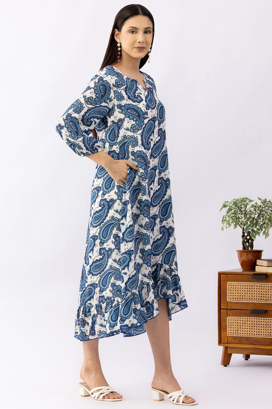 Printed Blue Georgette Dress with Round Neck &amp; 3/4 Sleeves