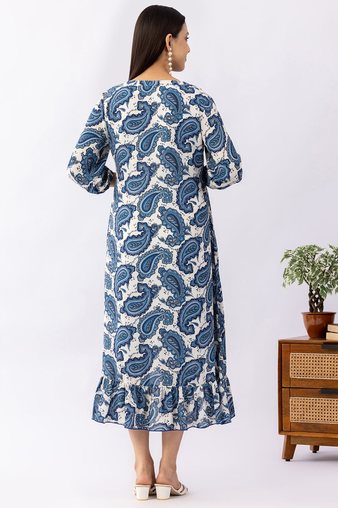 Printed Blue Georgette Dress with Round Neck &amp; 3/4 Sleeves