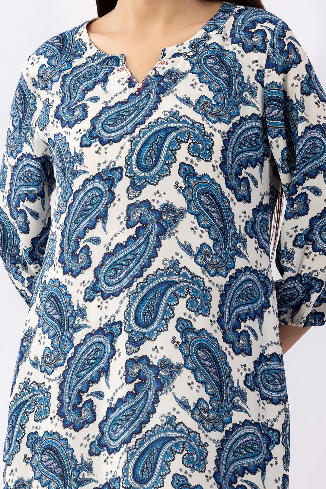 Printed Blue Georgette Dress with Round Neck &amp; 3/4 Sleeves