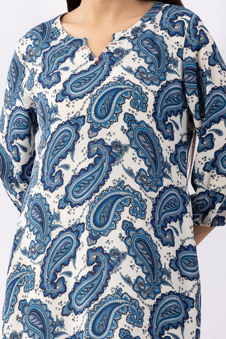 Printed Blue Georgette Dress with Round Neck &amp; 3/4 Sleeves