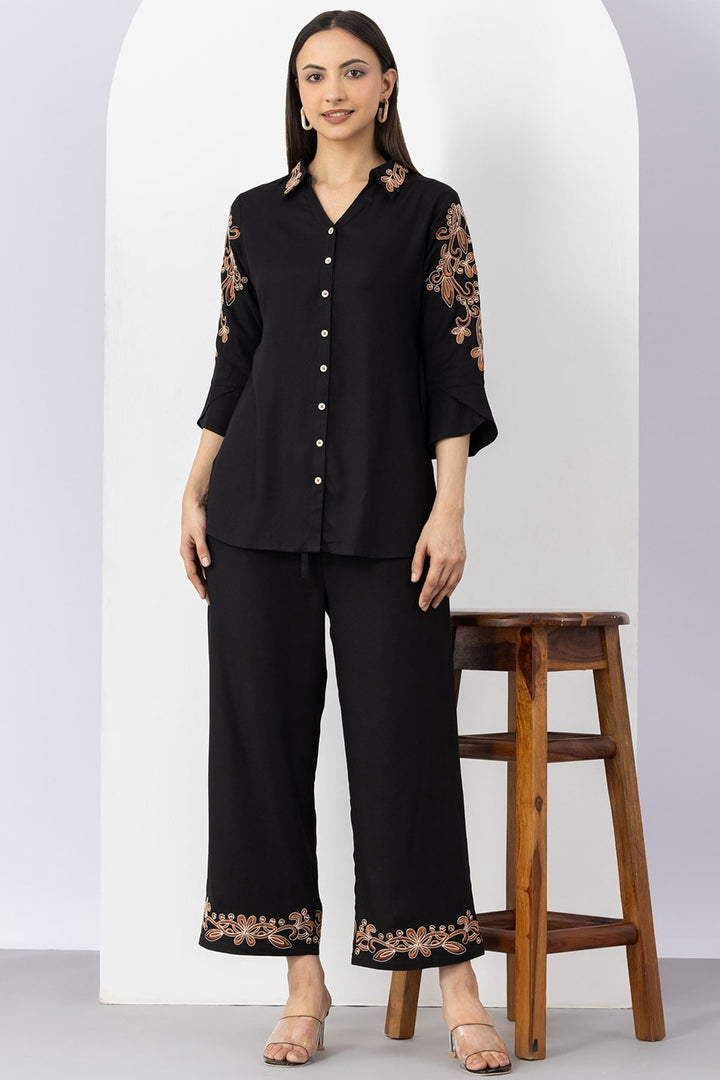 black co ord set for women embroidered Tencel twill collared neck 3/4 sleeves