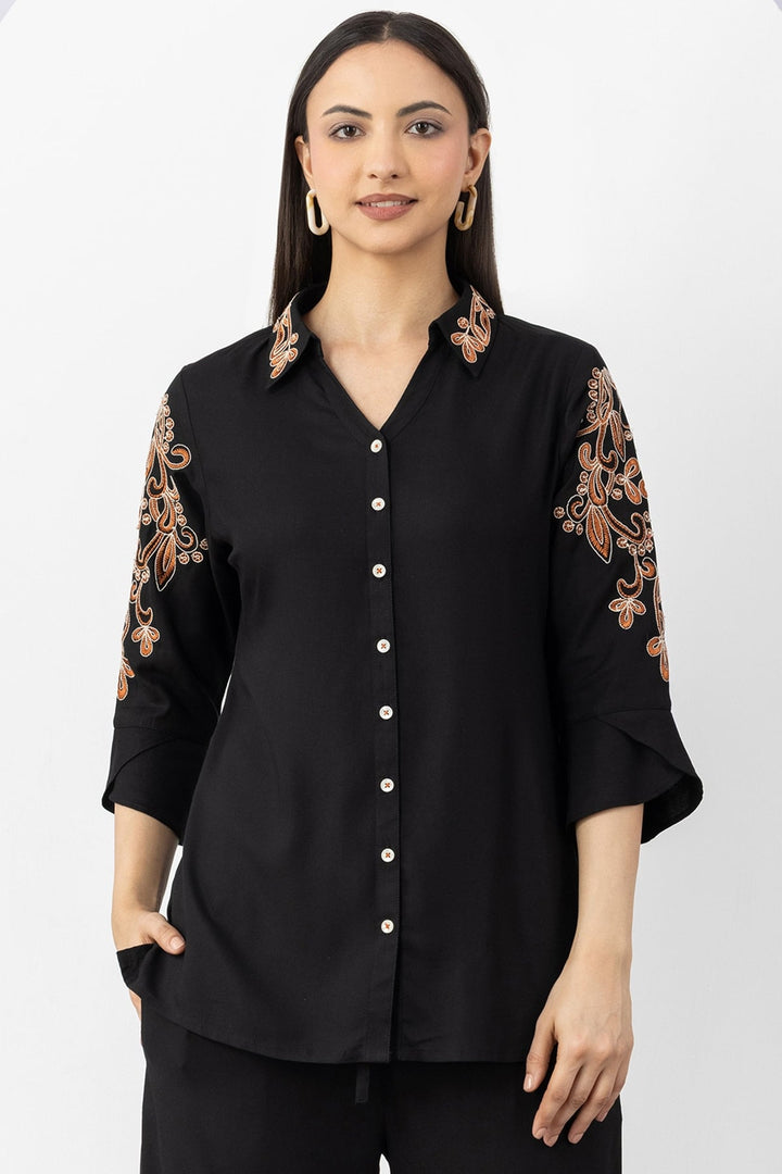 black co ord shirt for women embroidered Tencel twill collared neck 3/4 sleeves
