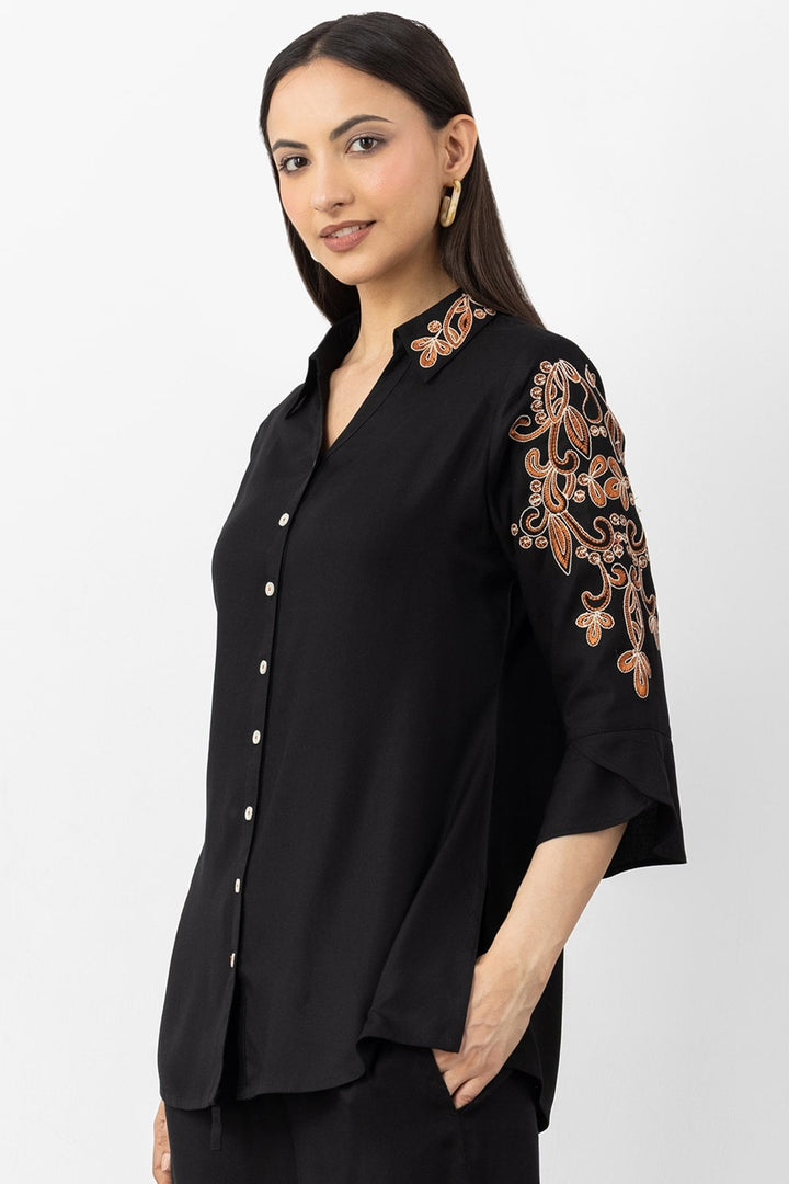 black co ord shirt for women embroidered Tencel twill collared neck 3/4 sleeves