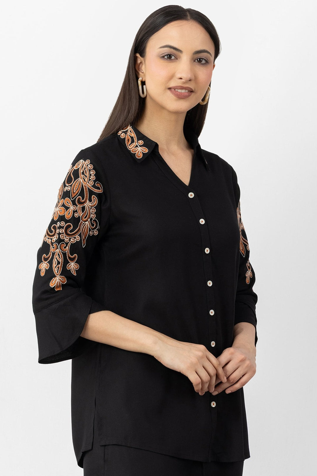 black co ord shirt for women embroidered Tencel twill collared neck 3/4 sleeves