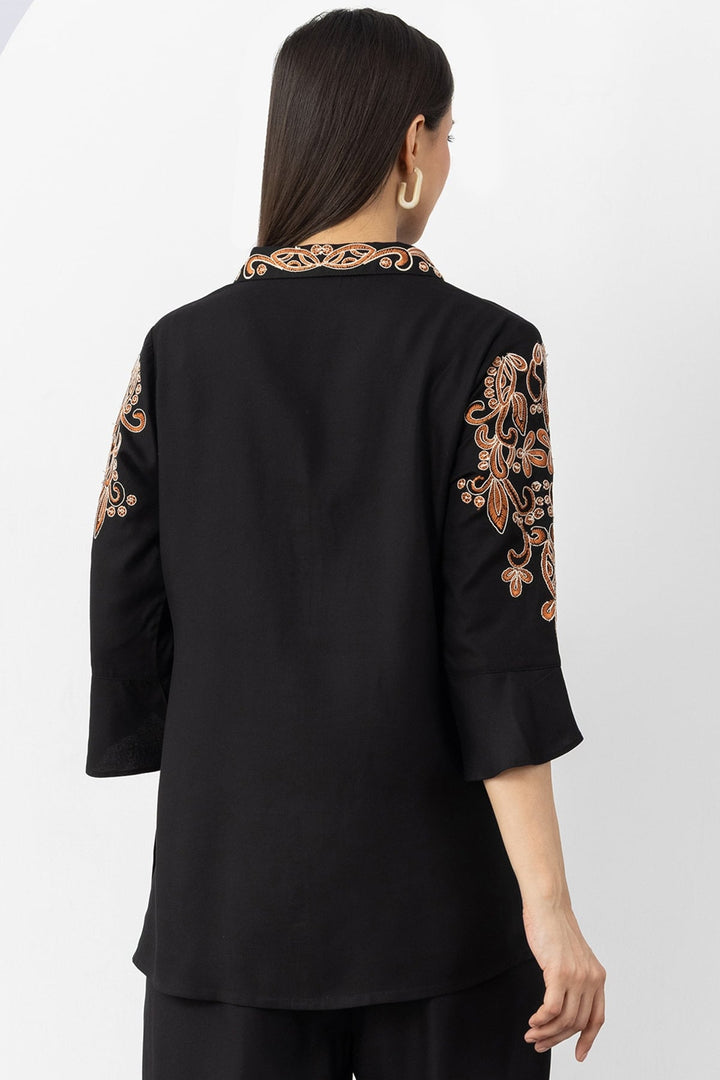 black co ord shirt for women embroidered Tencel twill collared neck 3/4 sleeves