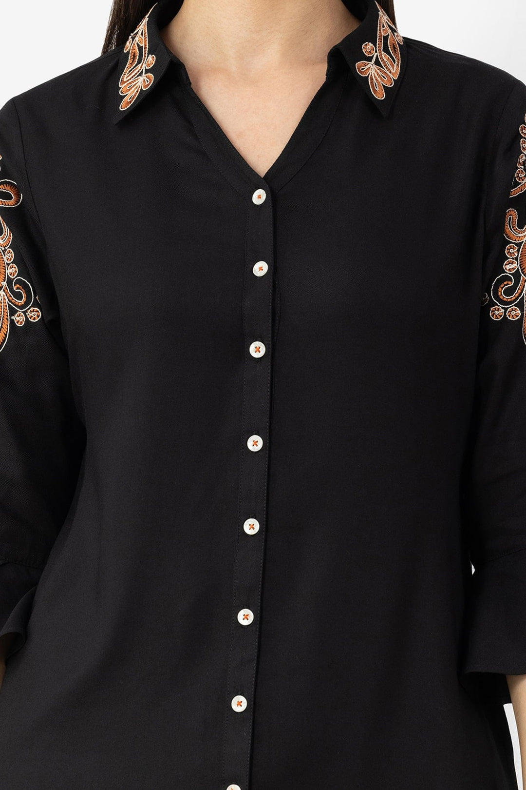 black co ord shirt for women embroidered Tencel twill collared neck 3/4 sleeves