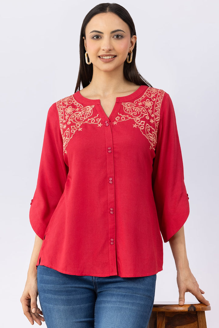 Pink Embroidered Linen Top with Round Neck &amp; 3/4 Sleeves