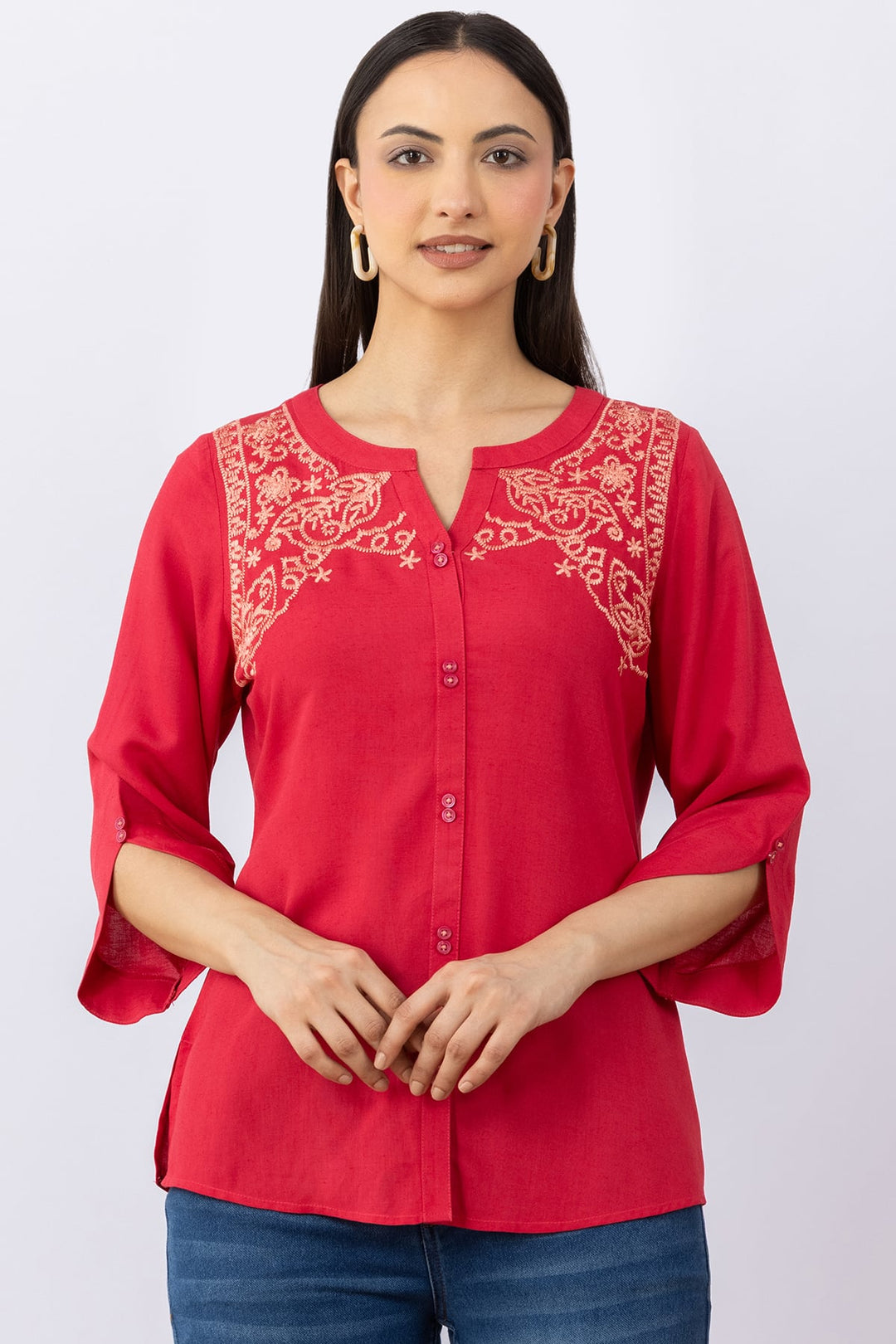 Pink Embroidered Linen Top with Round Neck &amp; 3/4 Sleeves