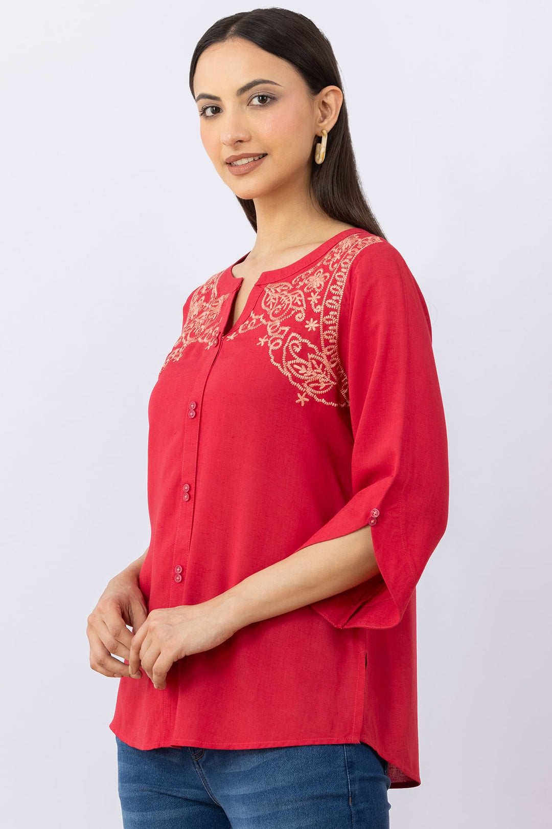 Pink Embroidered Linen Top with Round Neck &amp; 3/4 Sleeves