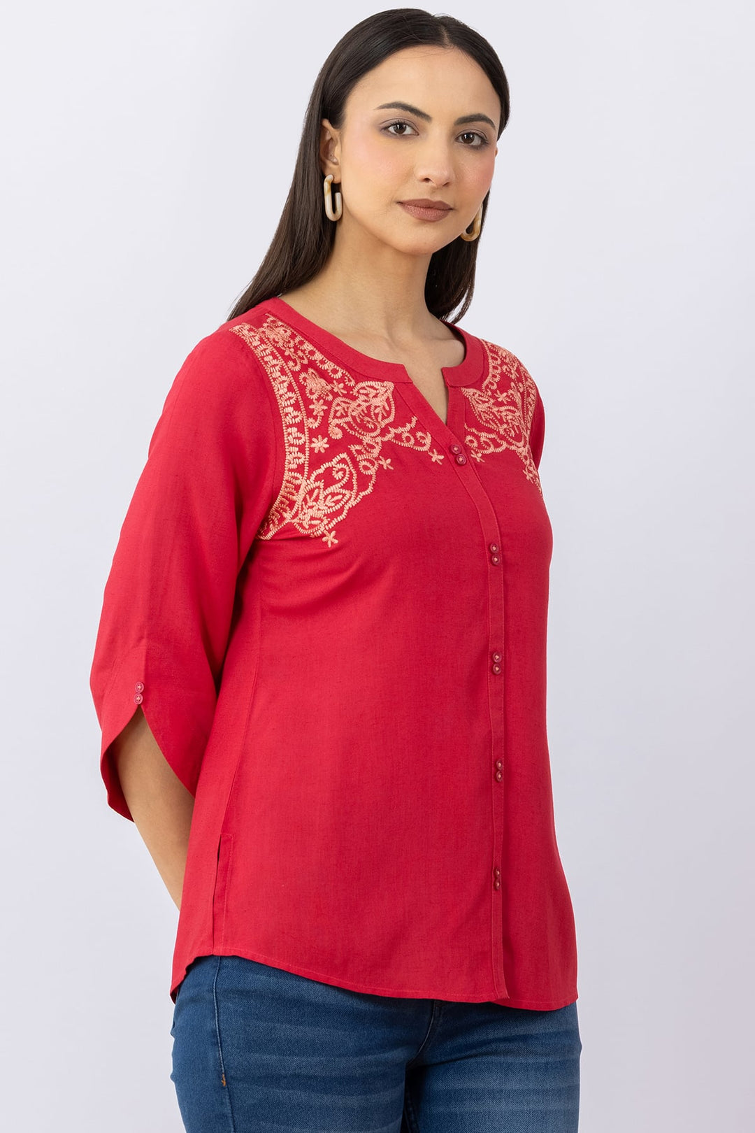 Pink Embroidered Linen Top with Round Neck &amp; 3/4 Sleeves