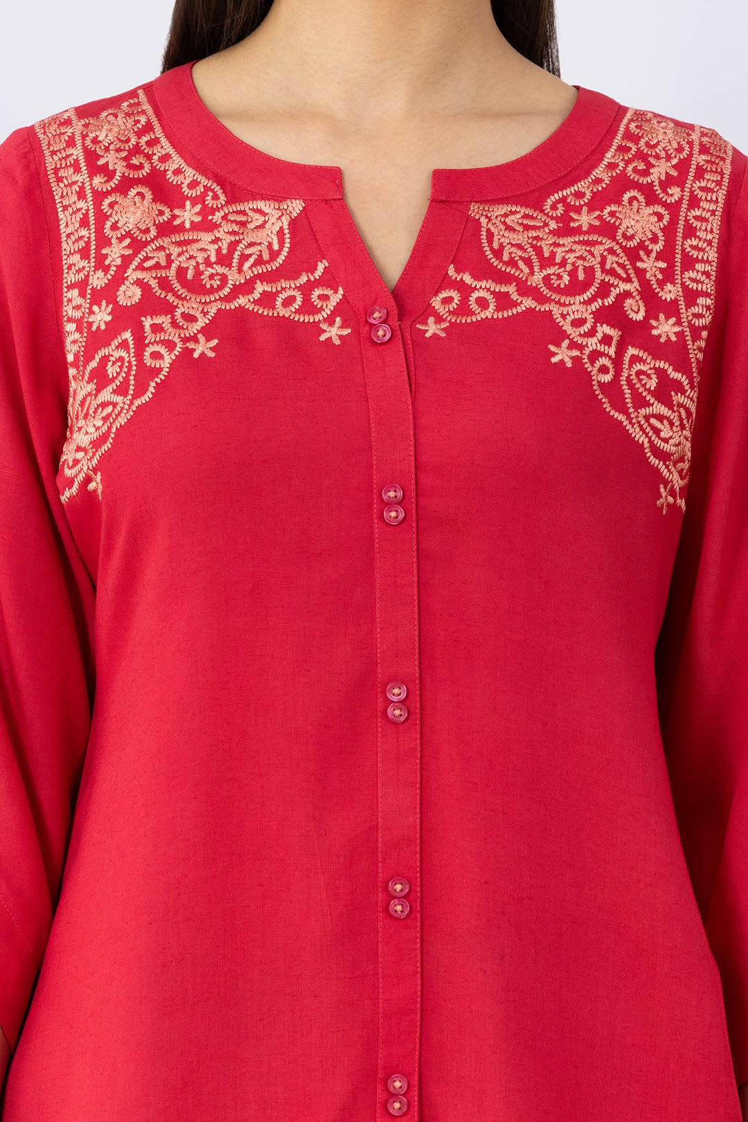 Pink Embroidered Linen Top with Round Neck &amp; 3/4 Sleeves