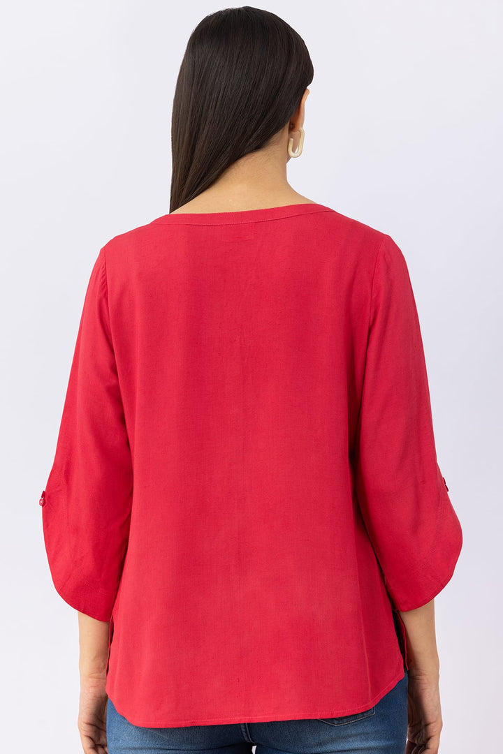 Pink Embroidered Linen Top with Round Neck &amp; 3/4 Sleeves