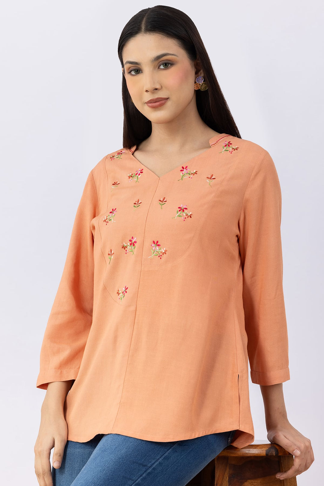 Orange Embroidered Linen Top with V Neck &amp; 3/4 Sleeves