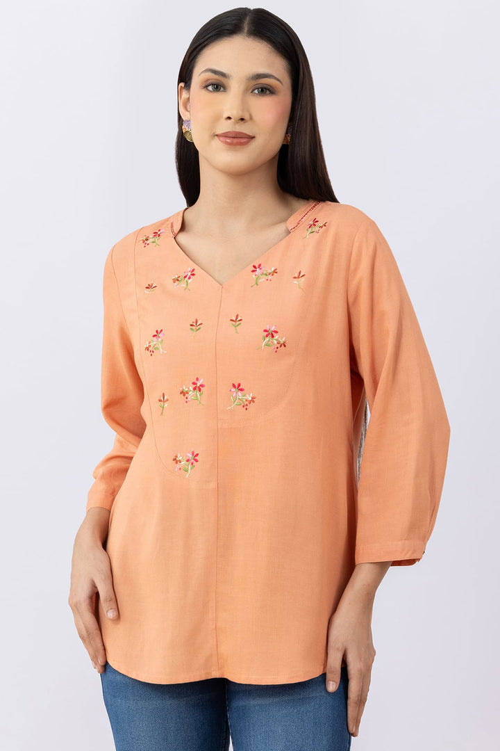 Orange Embroidered Linen Top with V Neck &amp; 3/4 Sleeves