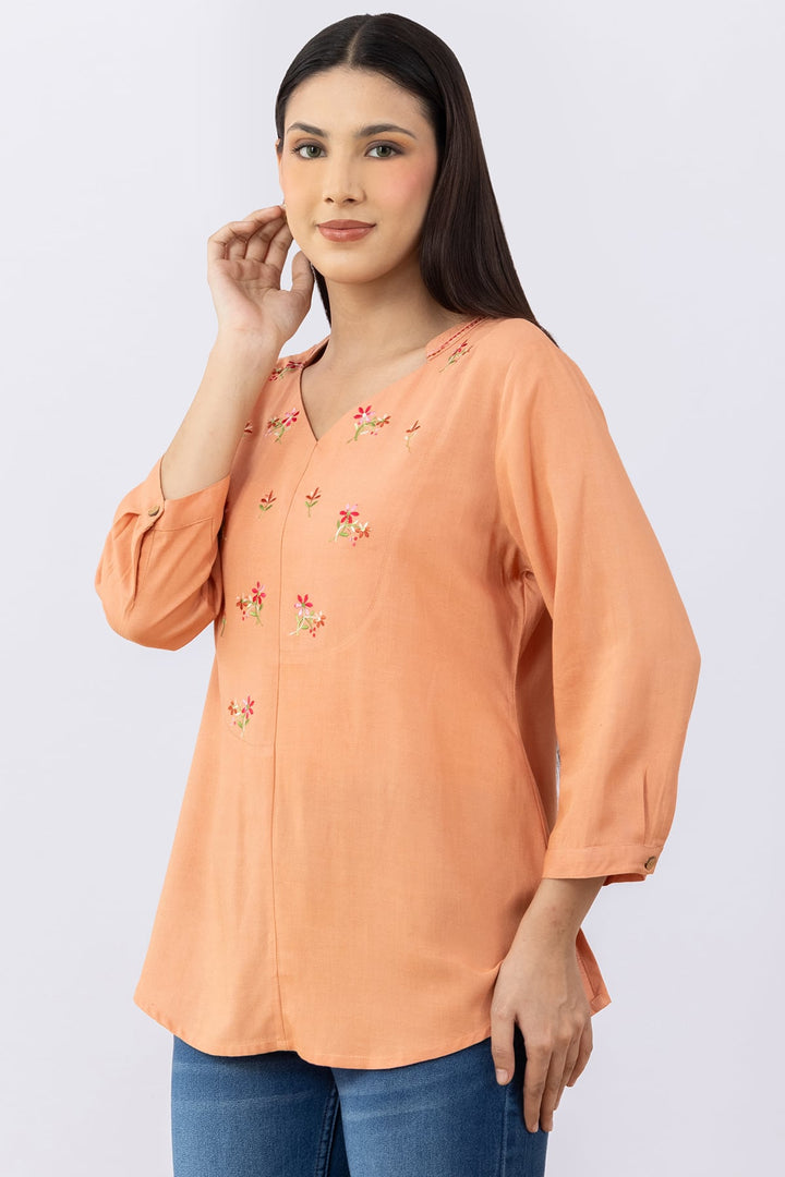 Orange Embroidered Linen Top with V Neck &amp; 3/4 Sleeves