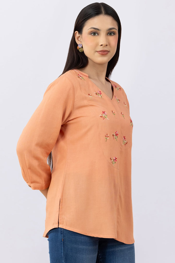 Orange Embroidered Linen Top with V Neck &amp; 3/4 Sleeves