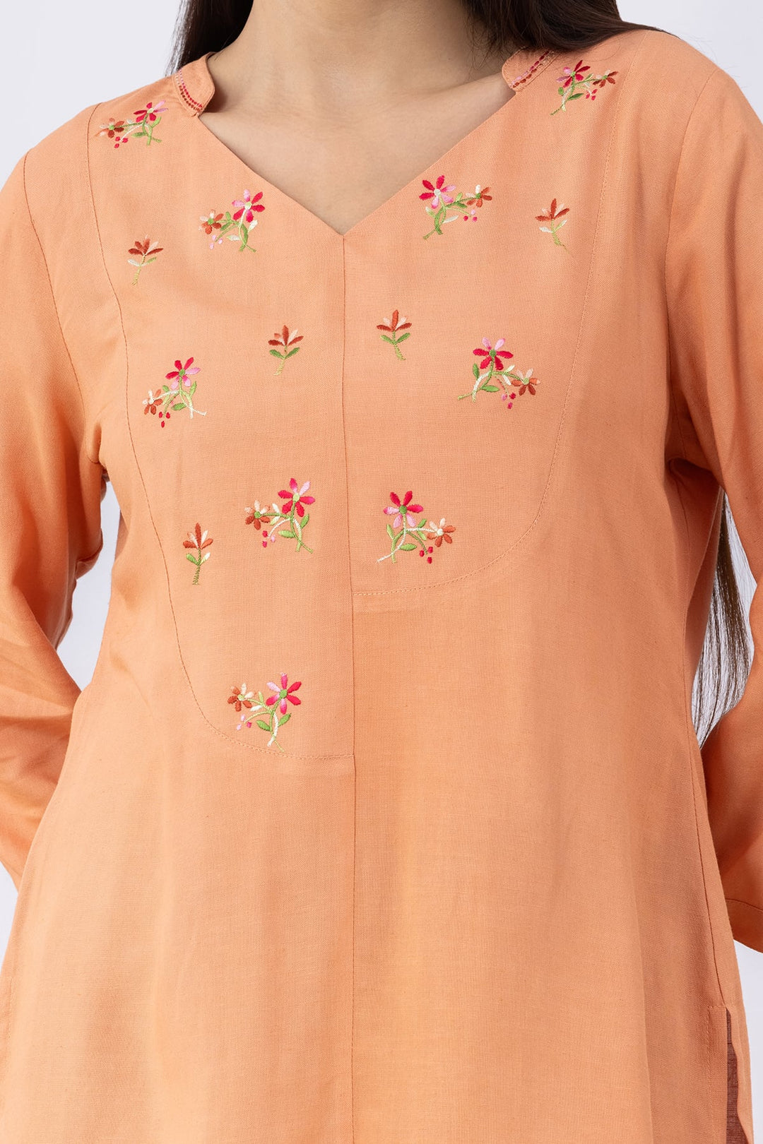 Orange Embroidered Linen Top with V Neck &amp; 3/4 Sleeves