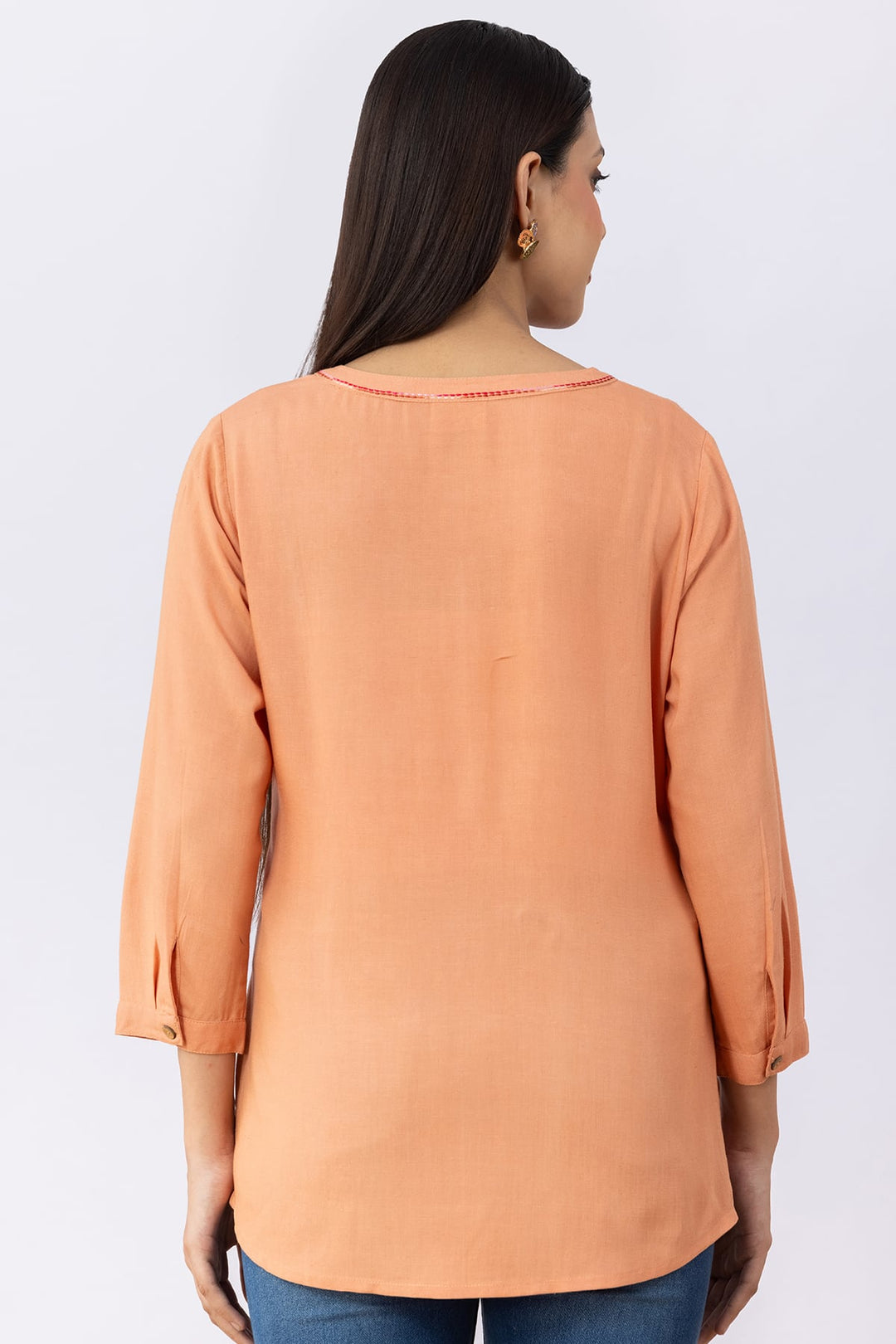 Orange Embroidered Linen Top with V Neck &amp; 3/4 Sleeves
