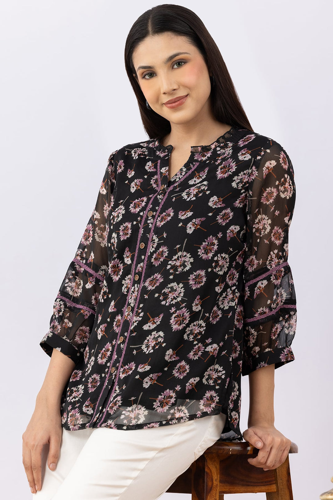 Black Printed Chiffon Top with Round Neck &amp; 3/4 Sleeves