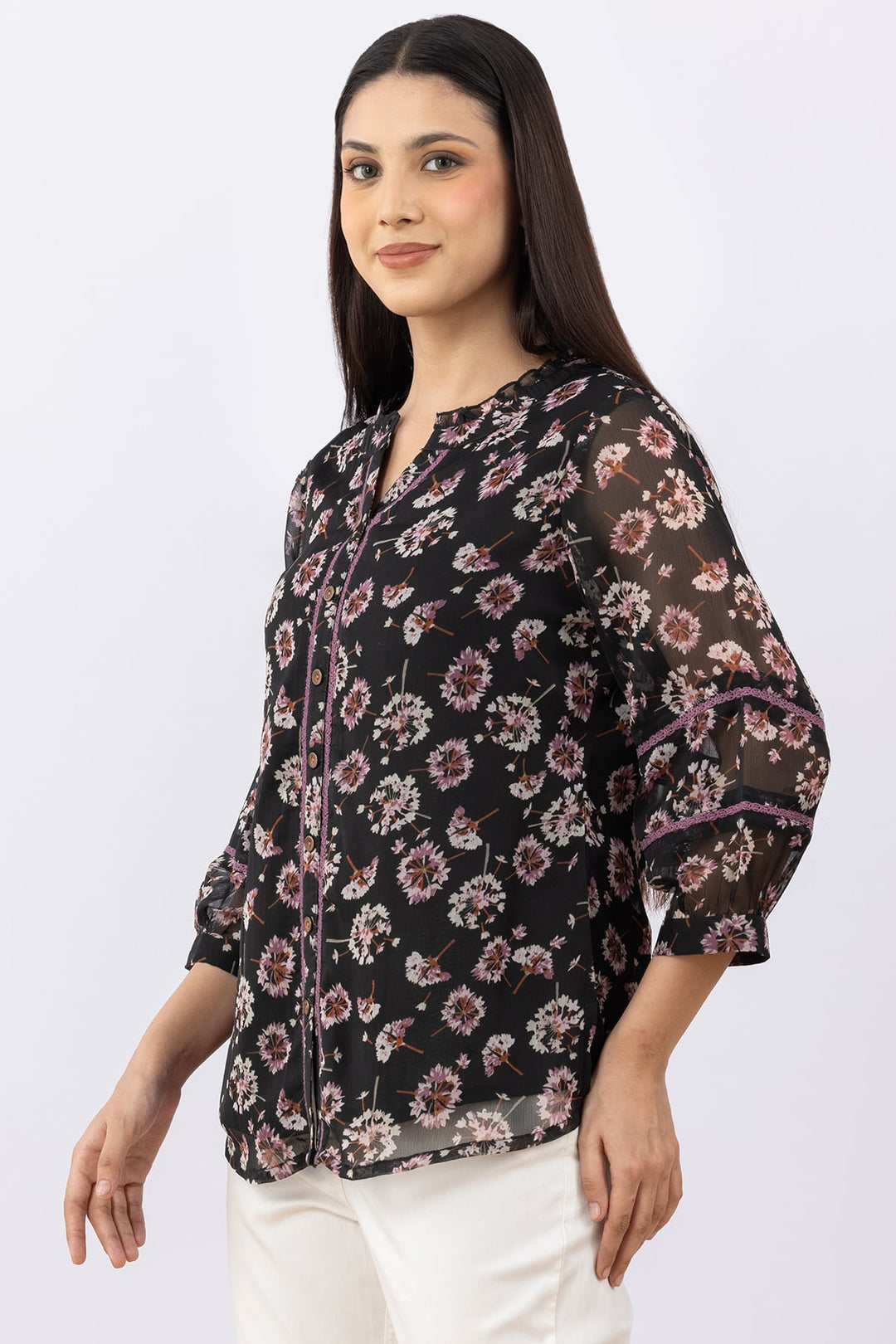 Black Printed Chiffon Top with Round Neck &amp; 3/4 Sleeves