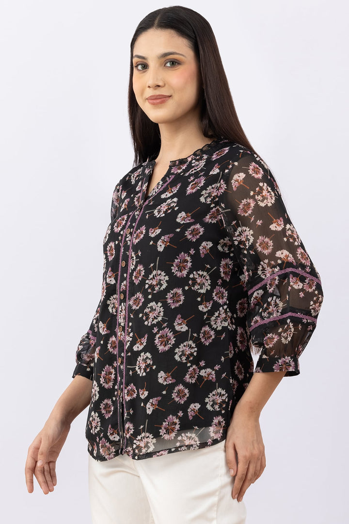 Black Printed Chiffon Top with Round Neck &amp; 3/4 Sleeves