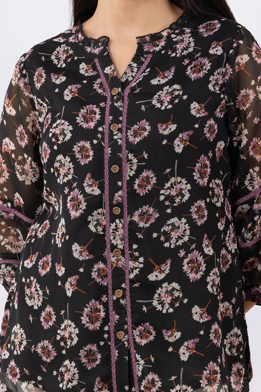 Black Printed Chiffon Top with Round Neck &amp; 3/4 Sleeves