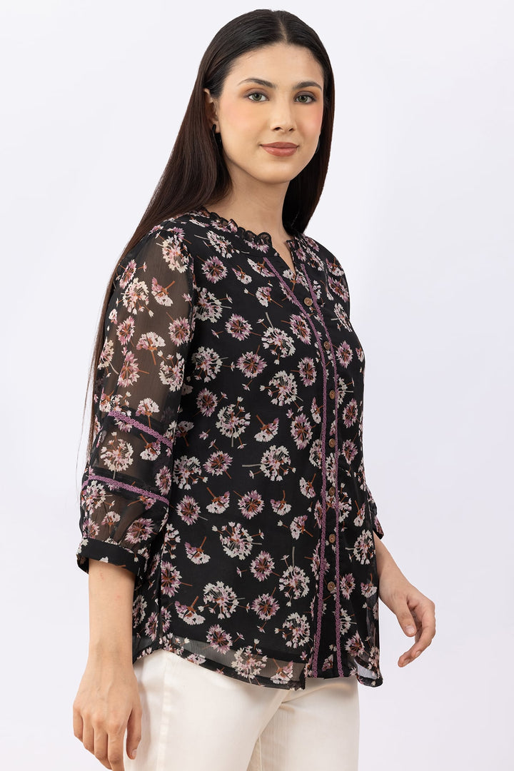 Black Printed Chiffon Top with Round Neck &amp; 3/4 Sleeves