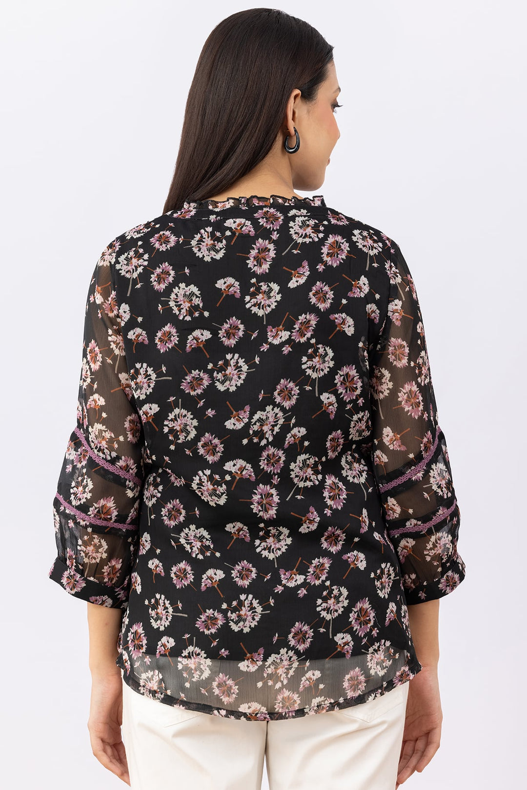 Black Printed Chiffon Top with Round Neck &amp; 3/4 Sleeves