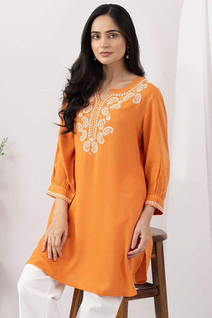 Orange Embroidered Moss Viscose Tunic with Round Neck &amp; 3/4 Sleeves