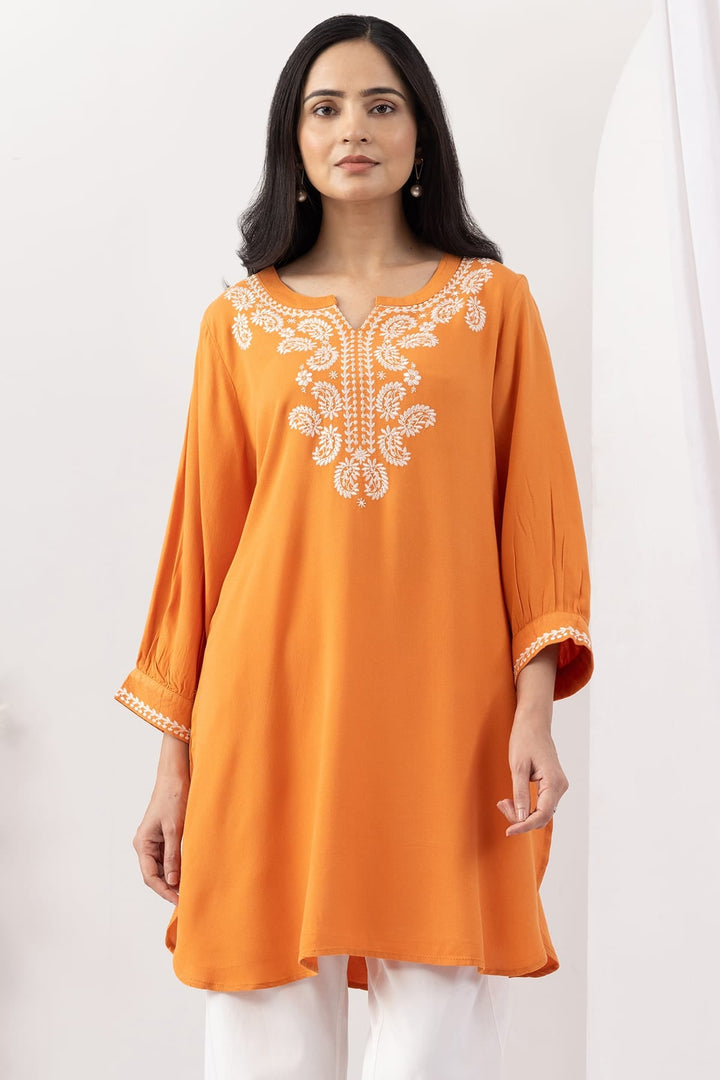 Orange Embroidered Moss Viscose Tunic with Round Neck &amp; 3/4 Sleeves