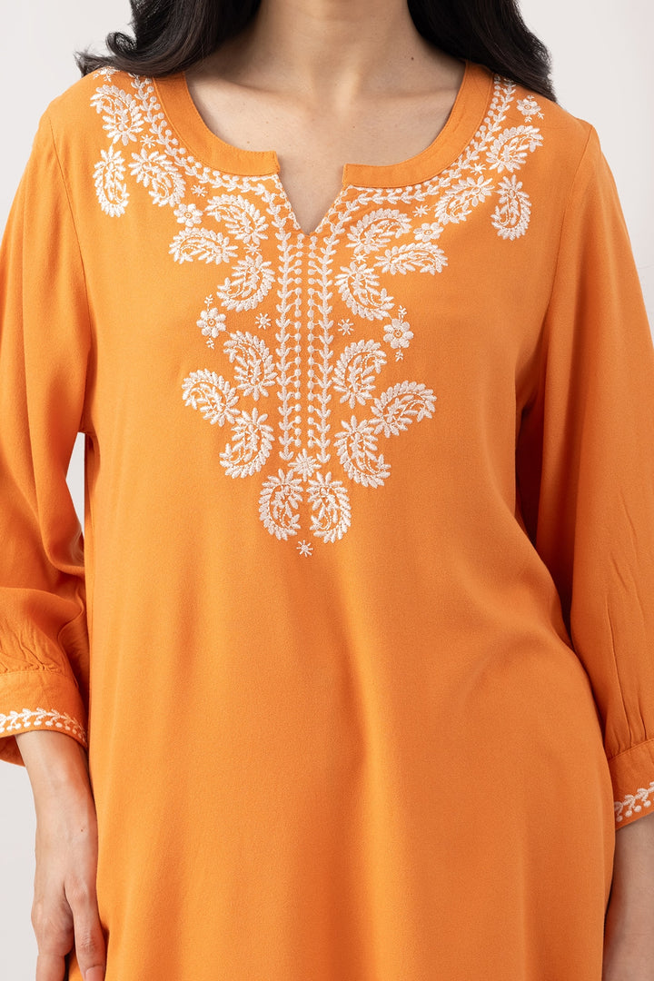 Orange Embroidered Moss Viscose Tunic with Round Neck &amp; 3/4 Sleeves