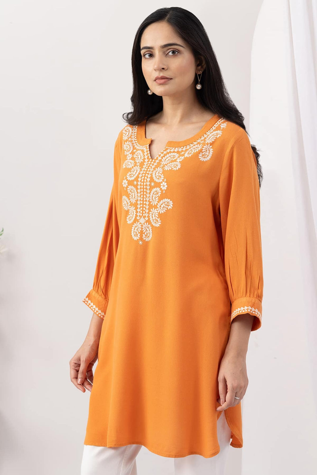 Orange Embroidered Moss Viscose Tunic with Round Neck &amp; 3/4 Sleeves