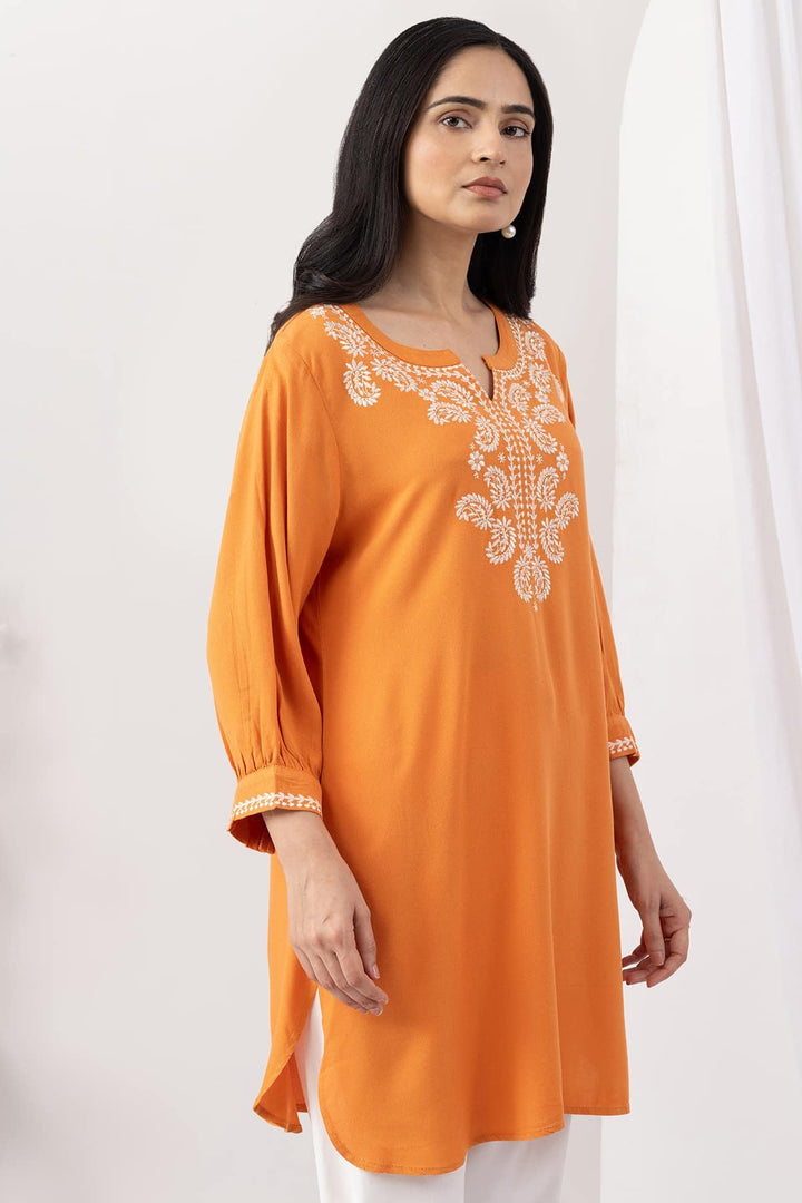 Orange Embroidered Moss Viscose Tunic with Round Neck &amp; 3/4 Sleeves