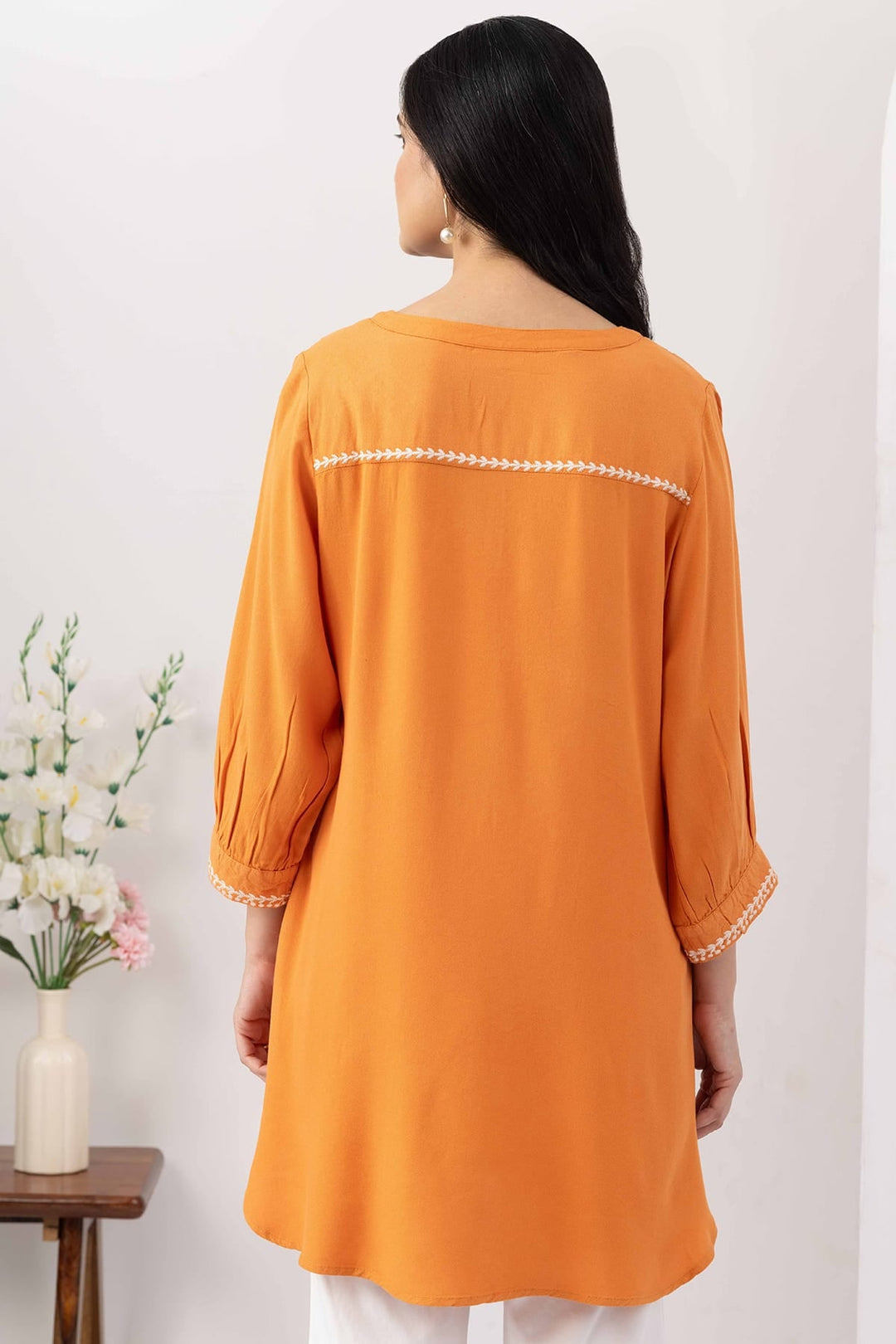 Orange Embroidered Moss Viscose Tunic with Round Neck &amp; 3/4 Sleeves
