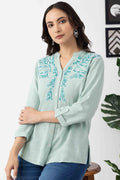 Mint Blue Viscose Linen Shirt with Regular Fit